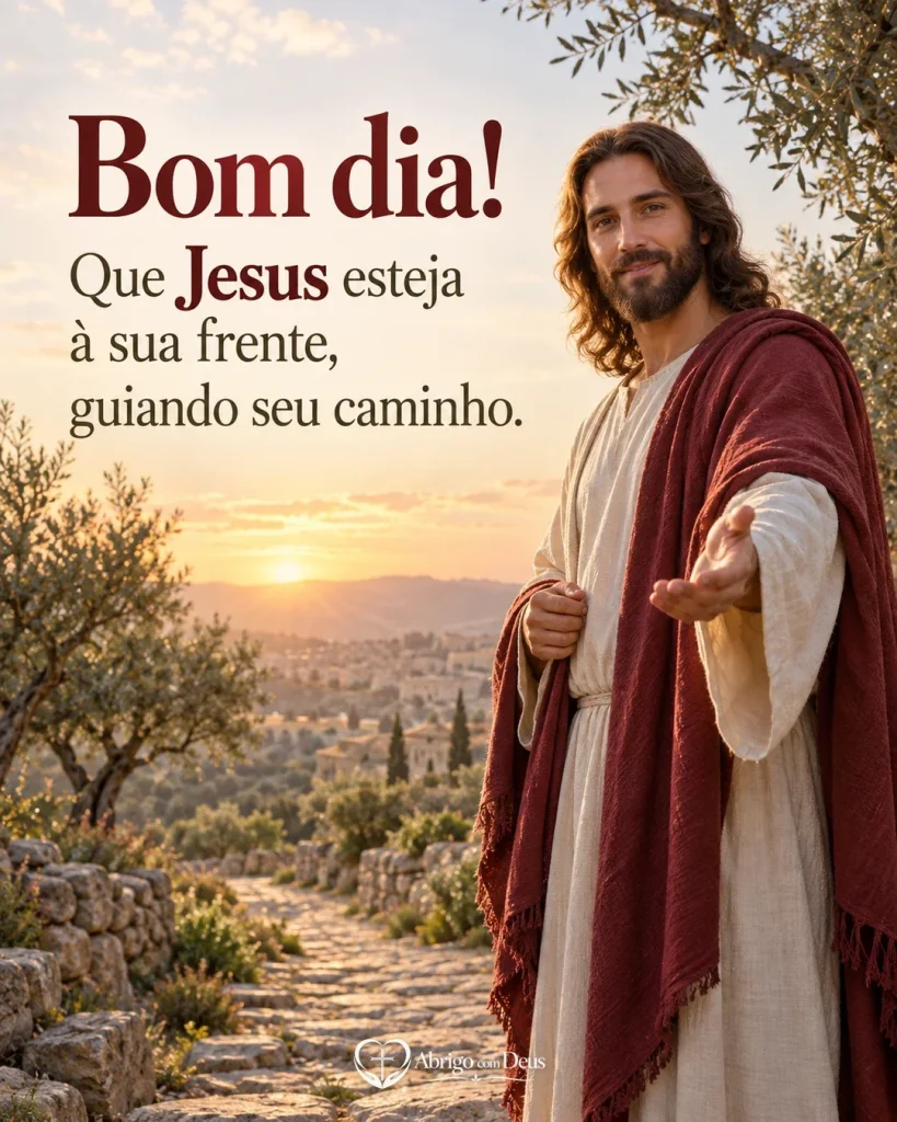 Cartão de bom dia com representação artística de Jesus em uma paisagem ao amanhecer e mensagem pedindo sua guia no caminho.