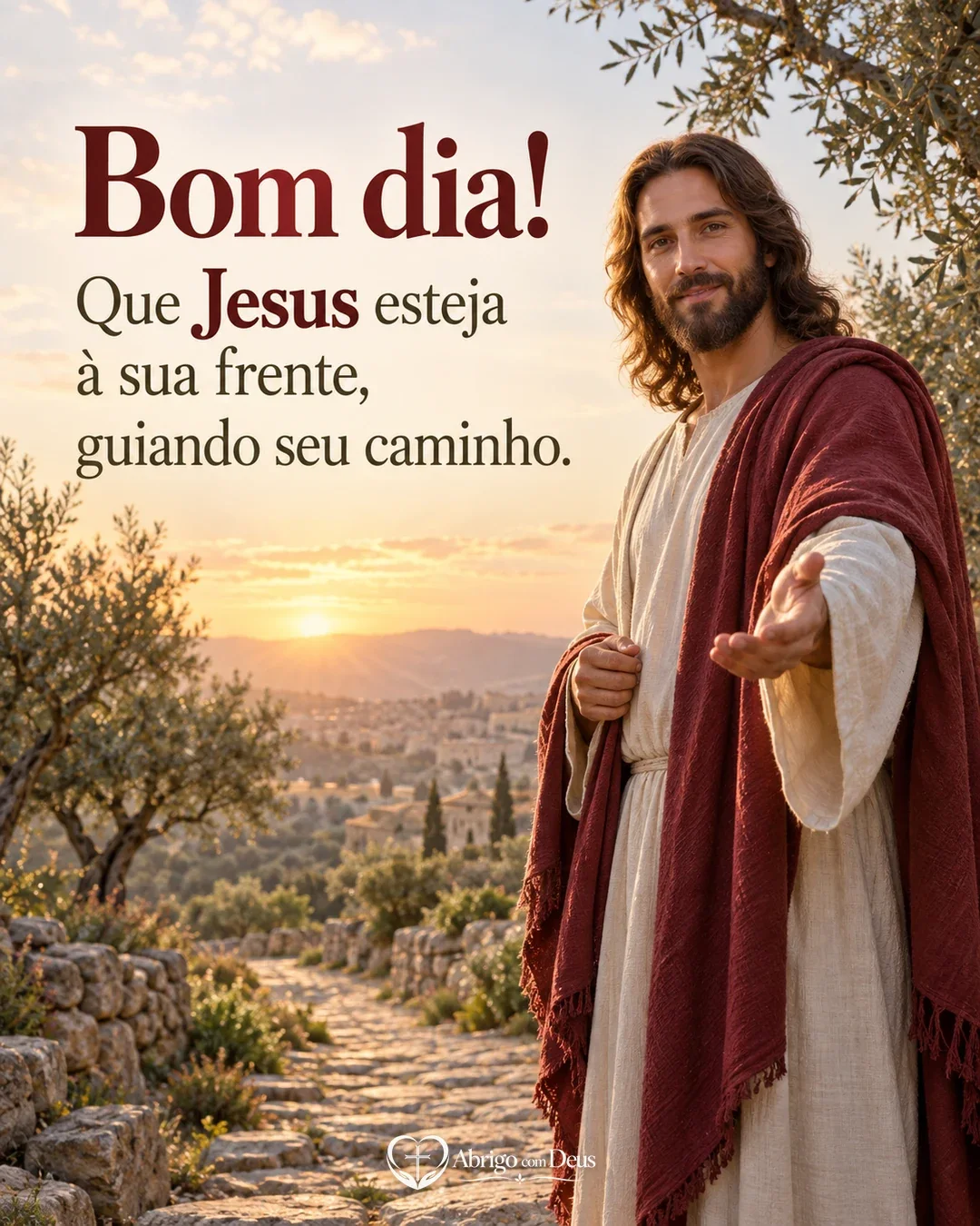 Cartão de bom dia com representação artística de Jesus em uma paisagem ao amanhecer e mensagem pedindo sua guia no caminho.