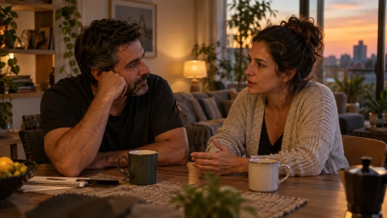 Casal adulto sentado à mesa de casa conversando com tranquilidade no fim do dia.