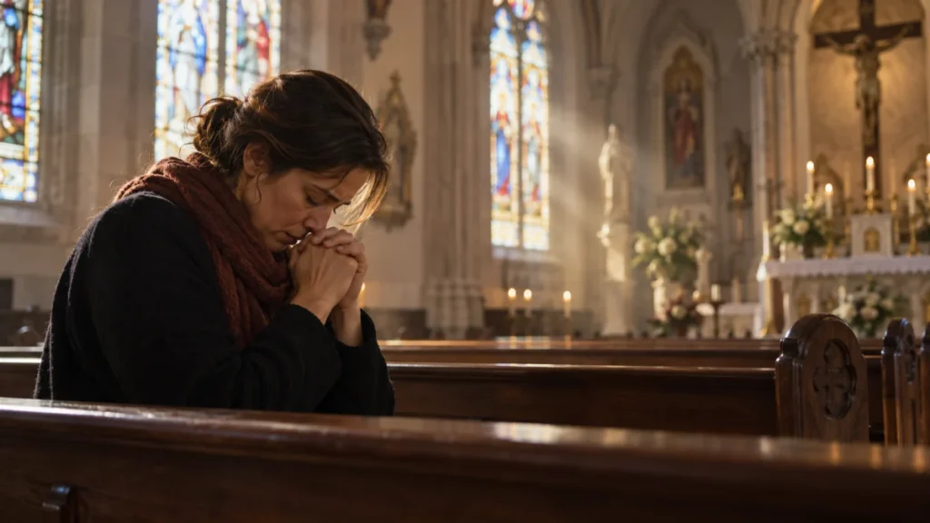 Pessoa sentada em um banco de igreja, de cabeça inclinada e mãos unidas, em ambiente de oração e recolhimento.