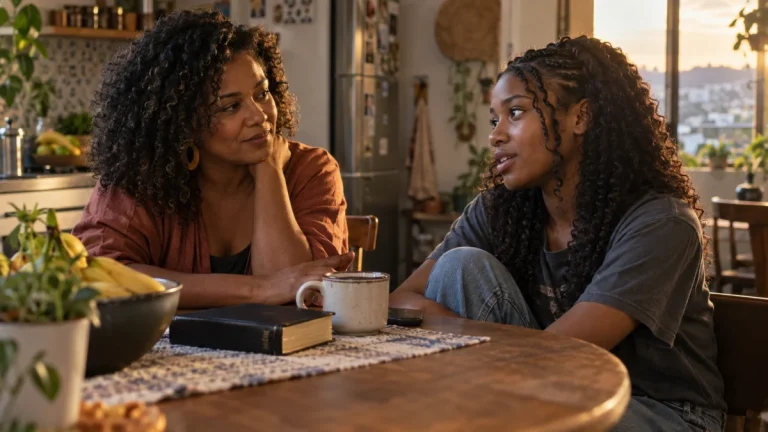 Mãe negra e filha adolescente conversam tranquilamente à mesa em casa, com uma Bíblia fechada próxima a elas.