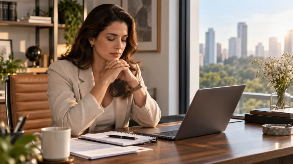 Mulher adulta em mesa de trabalho em um momento de pausa e discernimento antes de agir.