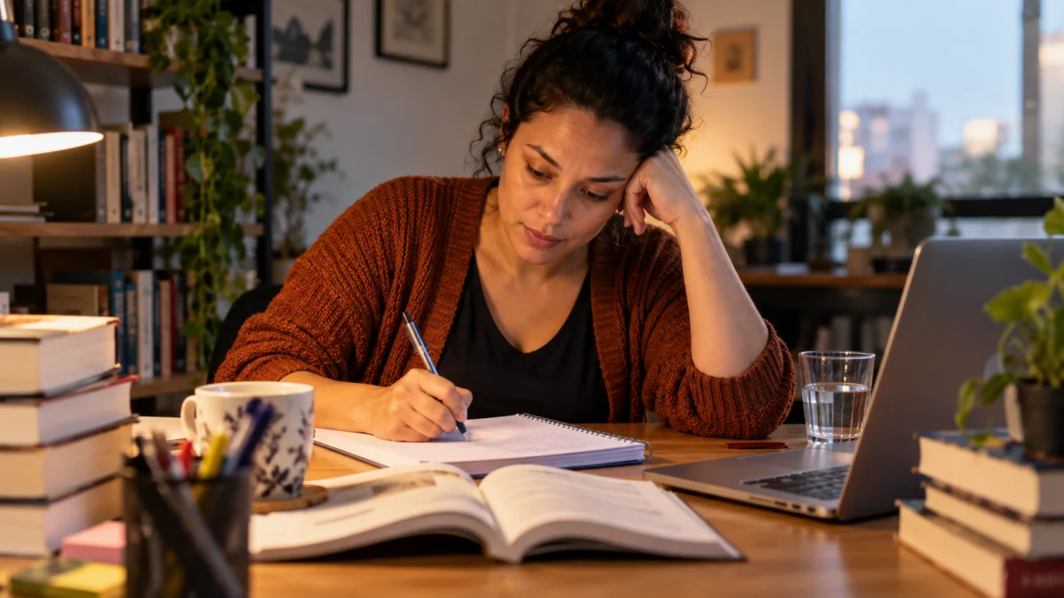 Estudante brasileira adulta estudando com caderno e livros em ambiente doméstico tranquilo.
