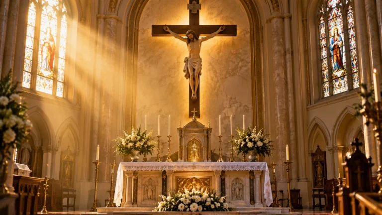 Grande crucifixo em destaque sobre o altar de uma igreja católica iluminada por luz dourada suave.
