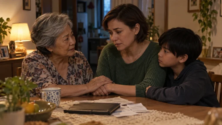 Avó, mãe e menino sentados juntos à mesa conversando em uma casa simples durante um momento de preocupação familiar.