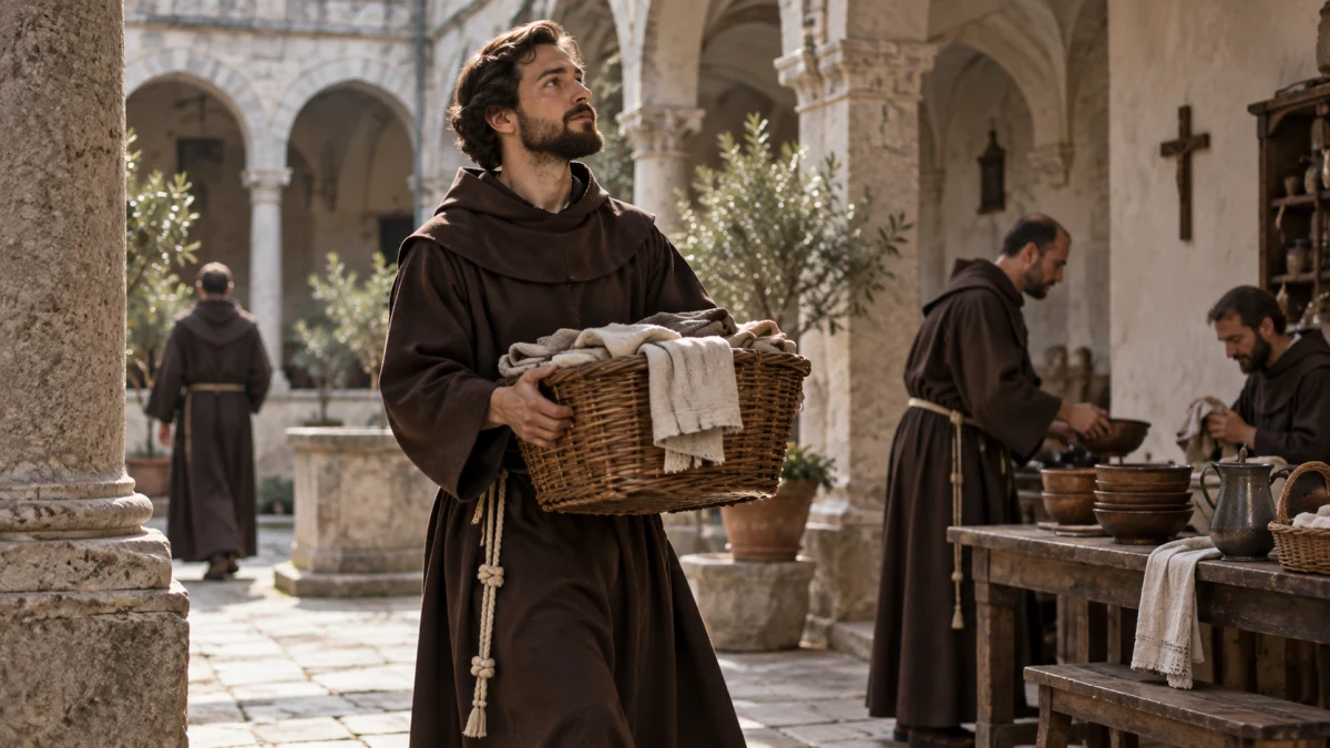 Jovem franciscano realizando trabalho manual simples em convento italiano do século XVII.