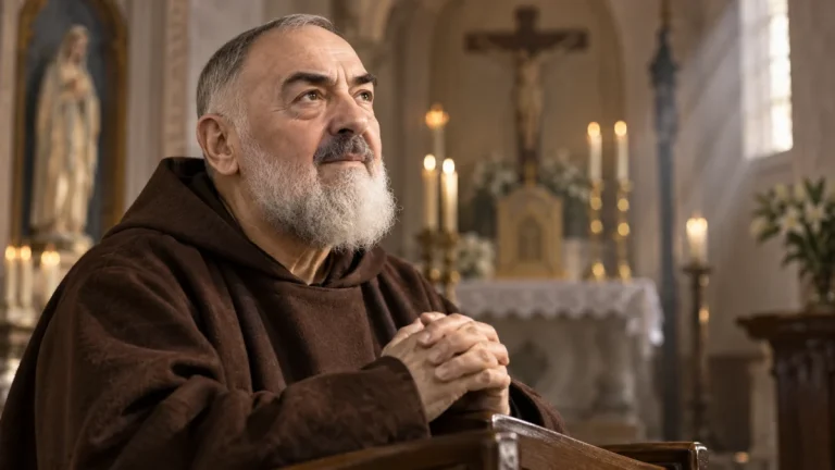 Representação histórica de Padre Pio com hábito capuchinho e expressão serena.