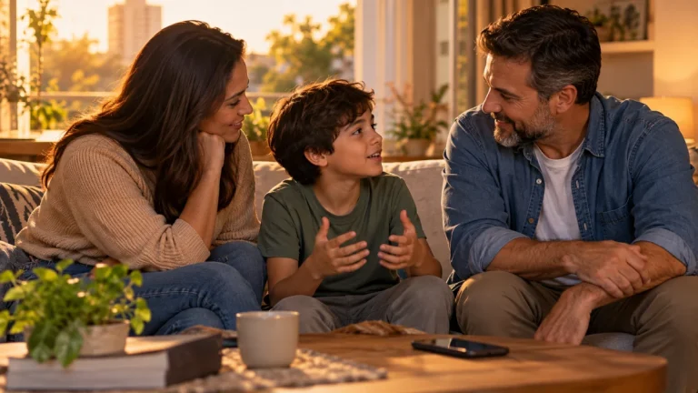 Pai e mãe sentados com o filho em casa, conversando com atenção durante um momento tranquilo em família.