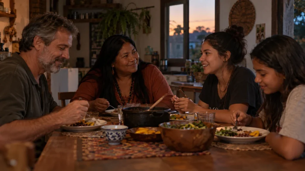 Família brasileira com pai, mãe e duas filhas conversa durante uma refeição simples em casa.
