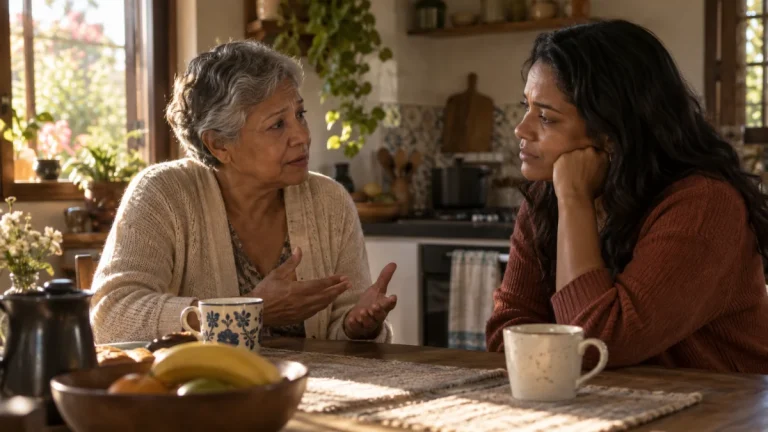 Mulher de meia-idade e filha adulta conversam com serenidade à mesa de uma cozinha após um momento difícil.