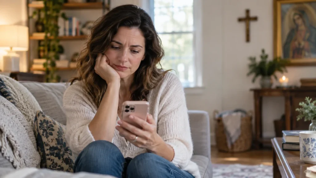 Mulher adulta olhando para o celular em casa com expressão reflexiva e levemente incomodada.