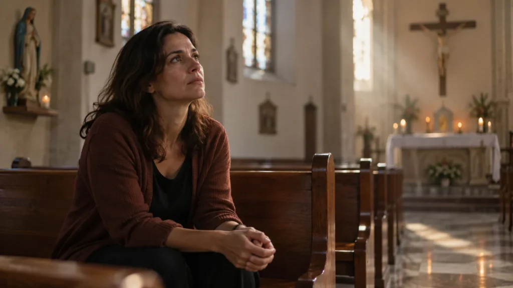 Mulher adulta sentada em um banco de igreja em silêncio, em uma cena serena de busca espiritual.