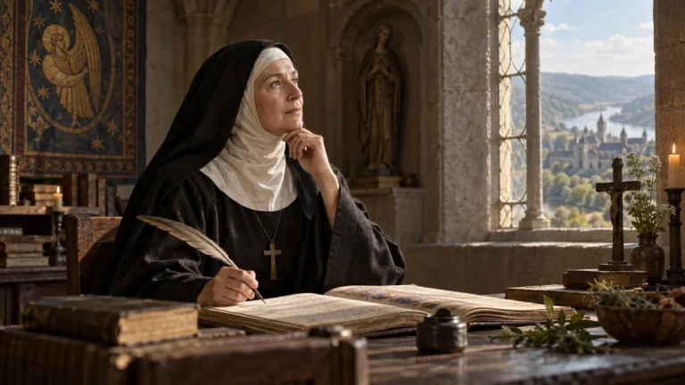 Representação histórica de Santa Hildegarda de Bingen em ambiente monástico, com manuscrito e expressão contemplativa.