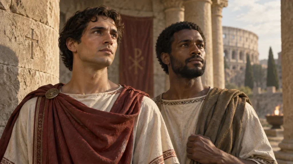 Representação artística de dois antigos mártires cristãos de Roma, Proto e Jacinto, em ambiente inspirado no século III.