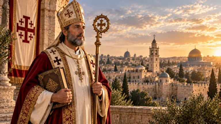 Representação histórica de São Alberto de Jerusalém com vestes eclesiásticas, segurando um pergaminho diante de uma paisagem da Terra Santa.