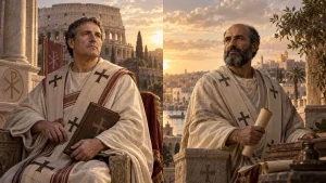 Representação histórica de São Cornélio e São Cipriano em composição conjunta, cada um em seu próprio ambiente cristão do século III.
