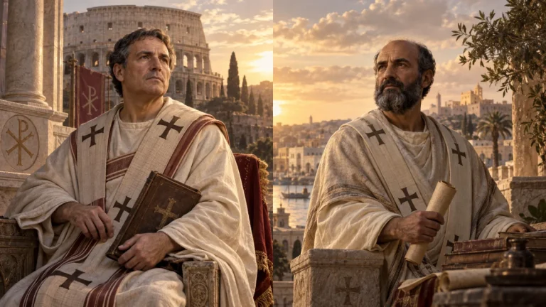 Representação histórica de São Cornélio e São Cipriano em composição conjunta, cada um em seu próprio ambiente cristão do século III.