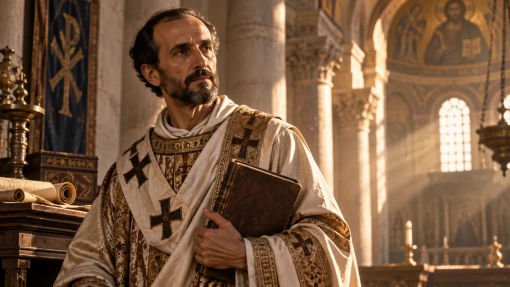 Representação artística de São João Crisóstomo como bispo da Igreja antiga, com expressão serena e um manuscrito nas mãos.