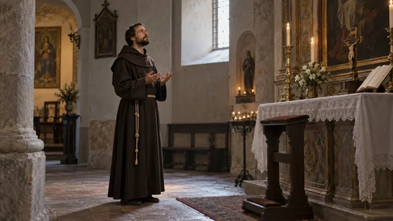 Representação histórica de São José de Cupertino em hábito franciscano, em oração serena no interior de uma igreja do século XVII.
