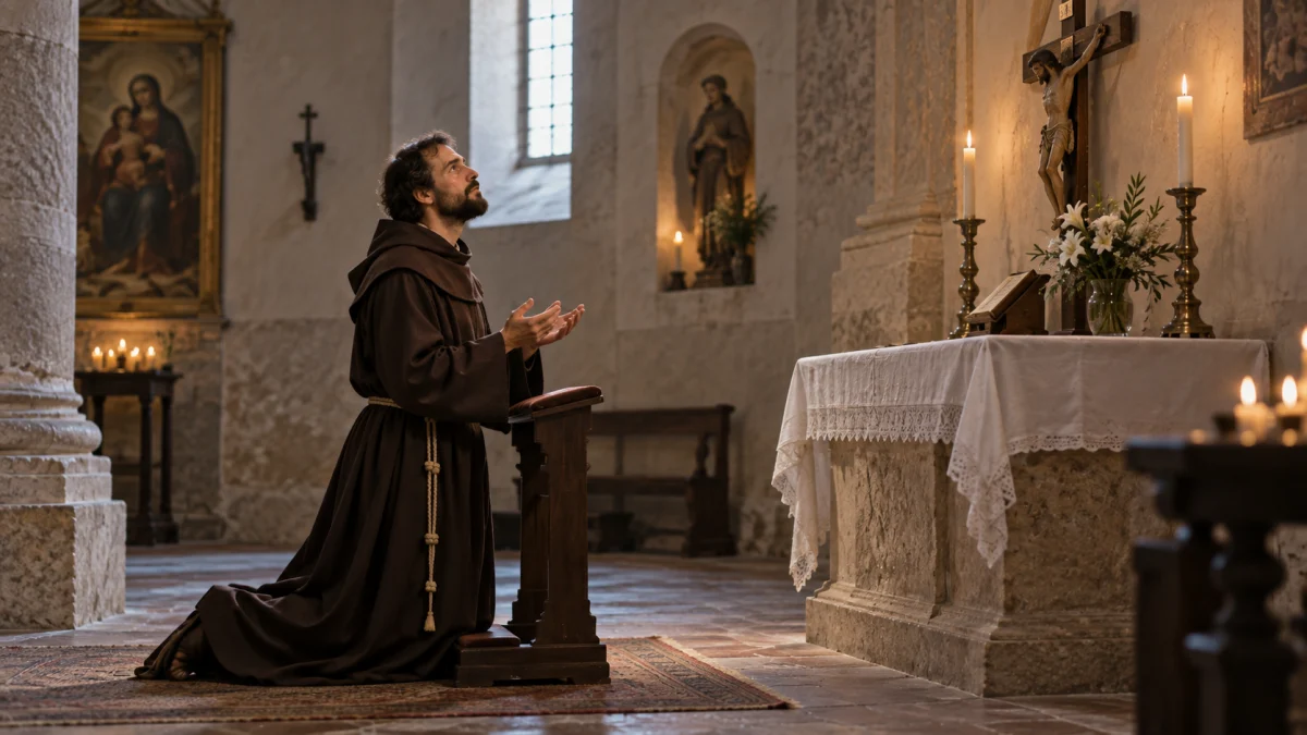 São José de Cupertino em profundo recolhimento diante do altar de uma igreja do século XVII.