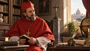 Representação histórica de São Roberto Belarmino em vestes cardinalícias, com livro nas mãos, em ambiente de estudo do início do século XVII.