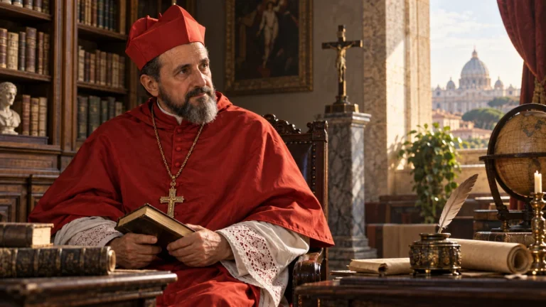 Representação histórica de São Roberto Belarmino em vestes cardinalícias, com livro nas mãos, em ambiente de estudo do início do século XVII.
